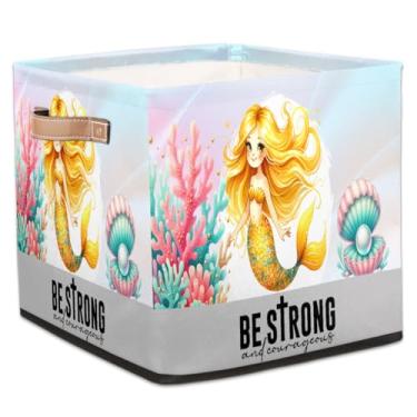 Imagem de hongjinglin Cestos dobráveis de armazenamento de cubos dourados fofos de sereia caixas dobráveis brinquedo infantil com alças organizador de armazenamento de tecido cesto para berçário, sala de estar