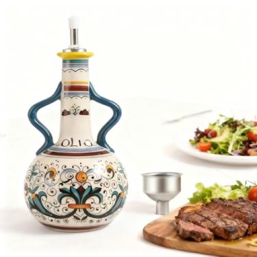 Imagem de HeiheiTom Garrafa dispensadora de azeite de oliva de cerâmica talian 652 g, garrafas de azeite de oliva pintadas à mão, galheteiro decorativo de grés para cozinha com bico de aço inoxidável para óleos