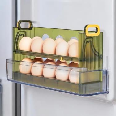 Imagem de Suporte de 24 ovos para geladeira, bandeja de suporte empilhável transparente de 2 camadas com gaveta para geladeira, pode ver frescor em tempo hábil, para geladeira, bancada com alça