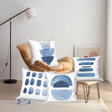 Imagem de Vie Savaran 4 peças/conjunto de capas de almofada brancas abstratas com padrões geométricos azuis com zíper invisível capas de almofada quadrada para cadeiras sofá varanda quarto casa ao ar livre 50,8