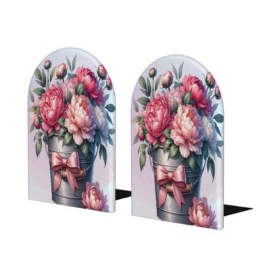 Imagem de Balde flores rosas grandes suportes de livros de madeira decorativo antiderrapante resistente terminais de livros para escritório mesa de escritório em casa biblioteca escola estudo decoração