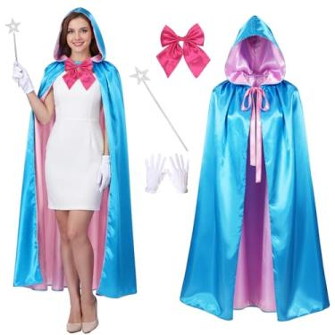 Imagem de Kolacoo Hooded Blue Fairy Cape Costume Adult Women, Polyester Princess Cloak Star Magic Wand & Ribbon Glove Set for Dress up (4FT)