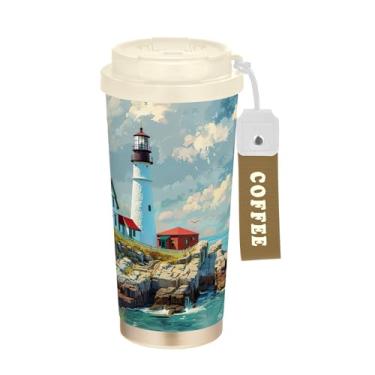 Imagem de SEHANY Caneca de viagem Sea Lighthouse Scenery 482 g Copos de café reutilizáveis revestidos de cerâmica com tampa à prova de vazamento, parede dupla, isolamento a vácuo, copo de café de aço inoxidável