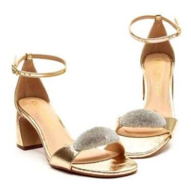 Imagem de Sandália Salto Bloco em Couro Dourado Com Enfeite de Strass Cecconello-Feminino
