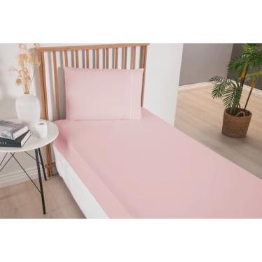 Imagem de Jogo de Lençol 2 Peças Solteiro, Micropercal 300 Fios com Elástico, 100% Poliéster, Ponto Palito, 1,88m x 88cm, Inclui Fronha 70cm x 50cm (Rosê)