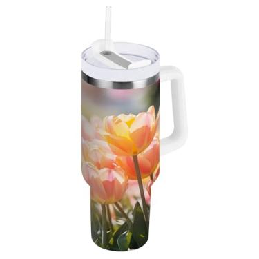 Imagem de Kigai Lindo copo de tulipa primavera de 850 g com tampa e canudo, copo isolado de aço inoxidável durável à prova de vazamento com alça, garrafas de água à prova de derramamento para viagens