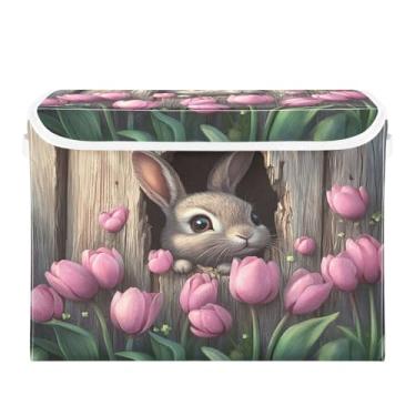 Imagem de CEBUGI Caixotes de armazenamento com tampas caixa de armazenamento de tecido dobrável Caixotes organizadores de cubo de coelho de desenho fofo para armário de casa prateleiras de quarto 40 x 30 x 39