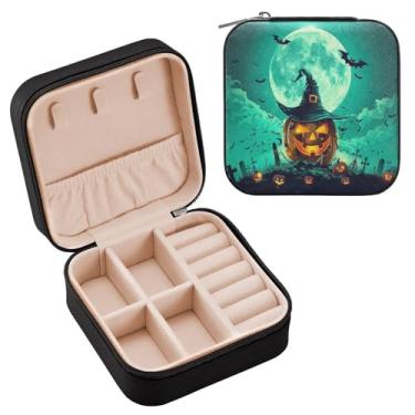 Imagem de YETTASBIN Caixa de joias de abóbora de Halloween para adolescentes, meninas, mulheres, presente de aniversário, Natal, caixa de armazenamento portátil de couro PU, mini estojo de joias de viagem para