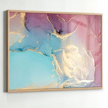 Imagem de Quadro Decorativo Abstrato Azul e Rosa Mármore com Moldura Caixa Acrílico Cristal para Sala e Quarto (Moldura Madeira, 130x90)