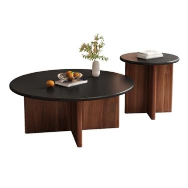Imagem de Simple Modern Round Coffee Table set of 2, Wooden/glass Tabletop, Solid Wood Base, Cross-shaped Legs, Rounded Corners, Suitable for Living Room(G)
