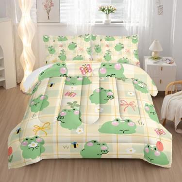 Imagem de Nttopship Jogo de edredom com desenho animado de sapo, tamanho king, sapo fofo, para crianças, meninos e meninas, conjunto de cama romântico, sapo de desenho animado, para crianças com 1 edredom e 2