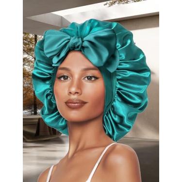 Imagem de Touca de dormir externa com tiras ajustáveis de seda com faixa de gravata para mulheres, cabelo encaracolado natural, verde