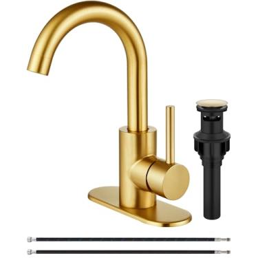 Imagem de Midanya Torneira de banheiro de furo único Torneira de pia de barra de 1 furo adequada para cozinha RV Vanity, bico giratório de aço inoxidável 304 360° com placa de deck e ralo pop-up, ouro