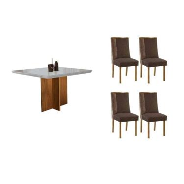 Imagem de Sala Jantar Mesa Berlim Tampo c/ Vidro Curvo 90cm+4 Cadeiras Tilia Madeira Naturale/Off White - Capuccino/Suede Marrom - Rufato