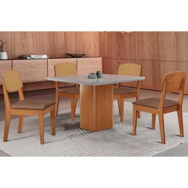 Imagem de Sala Jantar Mesa Maldivas Tampo c/ Vidro Curvo 90cm+4 Cadeiras Havana Naturale/Off White - Corano Capuccino - Rufato