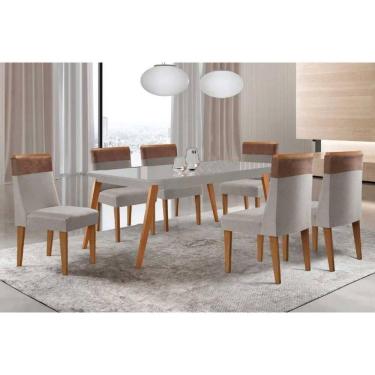 Imagem de Sala Jantar Mesa Havana Tampo c/ Vidro Curvo 180cm+6 Cadeiras Jaspe Madeira Naturale/Off White - Capuccino/Suede Capuccino - Rufato