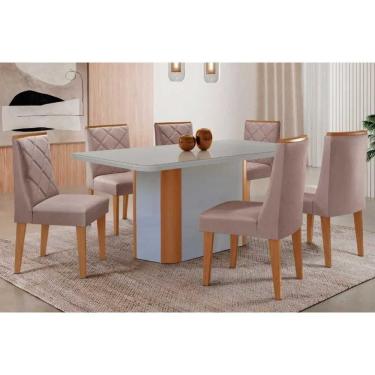 Imagem de Sala Jantar Mesa Pietá Tampo c/ Vidro Curvo 180cm+6 Cadeiras Pietá Naturale/Off White - Linho Capuccino - Rufato