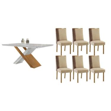 Imagem de Sala Jantar Mesa Imperatriz Tampo c/ Vidro Curvo 180cm+6 Cadeiras Tilia Madeira Naturale/Off White - Capuccino/Linho Bege - Rufato