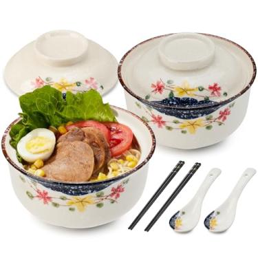 Imagem de Conjunto de tigelas de ramen de cerâmica, tigelas de sopa grandes japonesas vintage japonesas, tigela de macarrão instantâneo, utensílios de mesa asiáticos, com tampa, colher e pauzinhos para