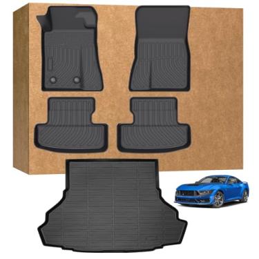 Imagem de Tapetes de chão para Ford Mustang 2015-2025 (não para Mustang Mach-E, não para forro de carga com subwoofer), TPE impermeável, antiderrapante, proteção para todos os climas, tapetes de chão e forro de