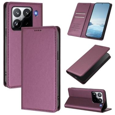 Imagem de Capa carteira fina para Xiaomi 15 Pro com capa flip magnética, compartimentos para cartões e suporte, bloqueio RFID, compatível com carregamento sem fio, capa protetora à prova de choque (roxo escuro)