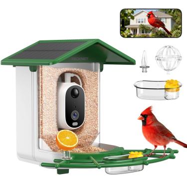 Imagem de TECKNET Alimentador de pássaros com câmera com painel solar de identificação de espécies de pássaros, casa inteligente para pássaros com câmera, visualização ao vivo 2K, alertas de chegada instantânea