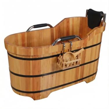 Imagem de Banheira de hidromassagem de madeira de cipreste natural com tampa de vapor e corrimãos antiderrapantes – Banheira de spa independente de 119 cm para adultos e crianças, banheira de imersão de