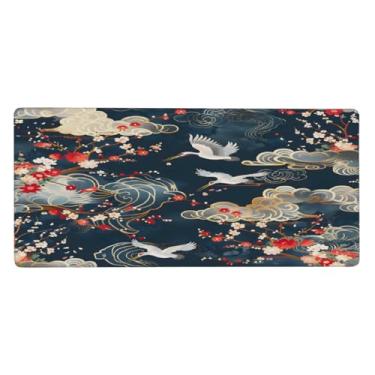 Imagem de Tapete de rato japonês com flor de guindaste étnico grande, impermeável, tapete protetor de mesa estendido para computador, base de borracha antiderrapante para escritório, computador, teclado, laptop