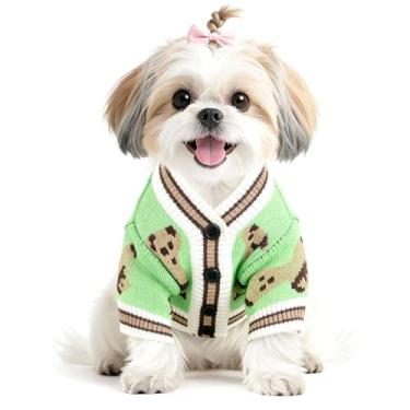 Imagem de Suéter para cachorro, urso fofo, cardigãs, roupas para cães pequenos, médios, meninos, meninas, gatos, roupas de malha macias, suéteres de tricô para cães, casaco de Natal (verde, P)