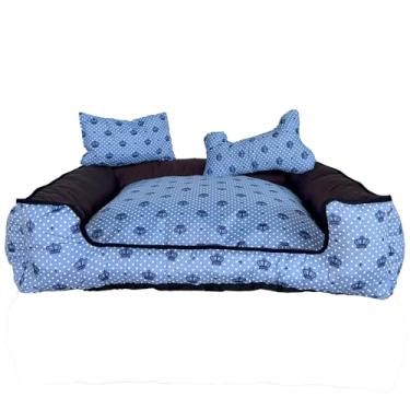 Imagem de Cama Pet Pequena Quadrada Impermeável, Tricoline 100% Algodão, 40x40x15 cm, com Almofada e Almofada Ossinho, Fundo Impermeável, Zíper nos 4 Lados (Realeza Azul)