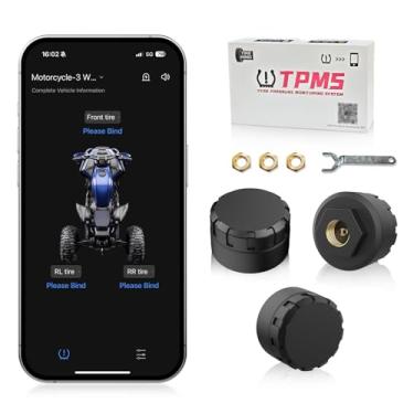 Imagem de Moman Sistema de monitoramento de pressão de pneu de motocicleta, versão atualizada conjunto de 3 sensores TPMS de motocicleta, alarme de pressão e temperatura do pneu, sensor de pressão de pneu sem