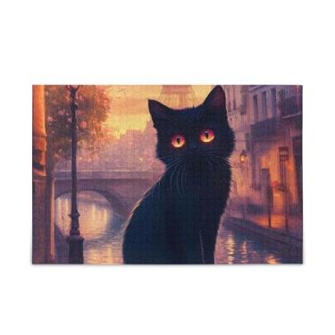 Imagem de 500 peças lindo gato preto quebra-cabeça madeira e material de papel, quebra-cabeça para homens