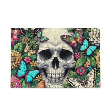 Imagem de Quebra-cabeça de caveira e flor, presente faça você mesmo, com bolsa de armazenamento de malha para adultos e adolescentes, tamanho final 75 x 50 cm