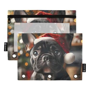 Imagem de GAIGEO Pasta para meninos, 3 anéis, estojo para lápis, fichário com zíper, sacos para canetas, fichários escolares, bolsos transparentes, buldogue francês, cachorro de Natal, 25 x 18 cm, 2 pacotes
