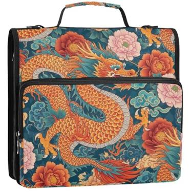 Imagem de Organizador de fichário com zíper vibrante dragão 3 fichários anel D colorido bolsa para fichários escolares com alça de ombro para portfólio comporta 500 folhas suporte 34,5 x 31,5 x 9 cm