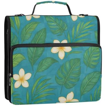 Imagem de 3 fichários de folhas tropicais flores brancas e azuis 3,8 cm anel d organizador de fichários com zíper bolsa escolar com alça de ombro vários bolsos pasta grande para portfólio, 34,5 x 31,5 x 9 cm