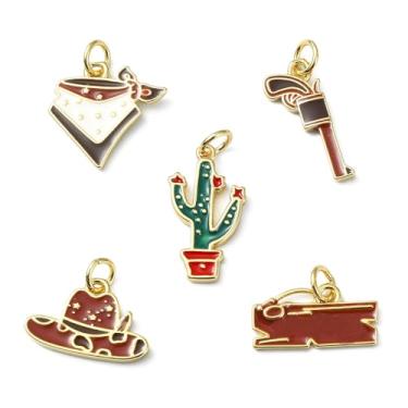 Imagem de Clotiry 10 peças, 5 estilos, berloques de caubói esmaltados, bronze, chapéu de caubói ocidental, pingentes de arma de cacto para joias, colar e pulseiras