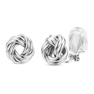 Imagem de ORAZIO Brincos femininos com clipe geométrico, exclusivos, não perfurados, banhado a ouro 14 quilates, nó grosso, brincos de argola com pingente de argola para mulheres, modernos, Cobre, Sem pedra