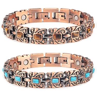 Imagem de Pulseiras magnéticas de aço inoxidável em cor de cobre para mulheres com pedra turquesa, 18,5 a 20 cm (2 peças)