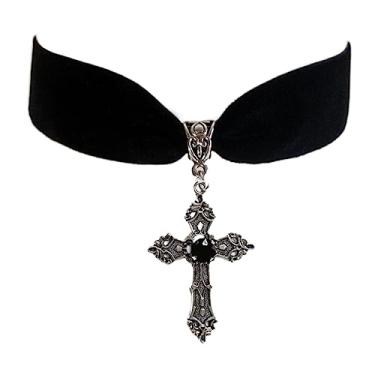 Imagem de KANGQL Colar, colar exclusivo com pingente de cruz gótico estilo vintage veludo preto crucifixo gargantilha joia de bruxa acessório presente