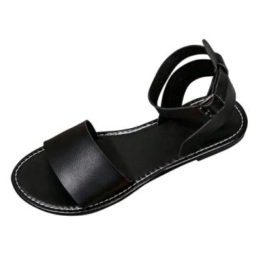 Imagem de Sandália feminina casual boêmia de salto baixo com bico redondo para uso diário, confortável e fácil de estilizar, Preto, 38