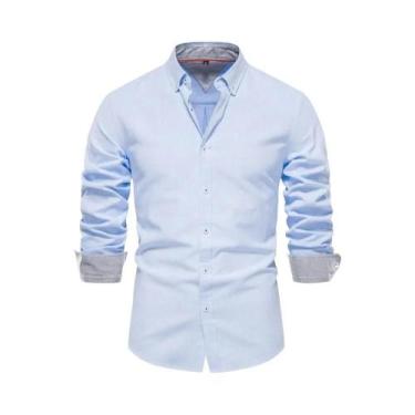 Imagem de Camisa Oxford De Algodão Misturado Para Homens, Manga Longa, Botão Fro