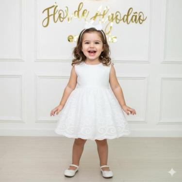Imagem de Vestido Infantil Clara Branco Detalhes Renda Laço nas Costas 100 Algod