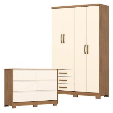 Imagem de Guarda Roupa Solteiro Caju 4 Portas E Cômoda Ravenna Nature Off White 