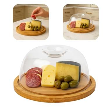 Imagem de Queijeira de Bambu com Tampa Formato Redonda Servir Petiscos Porta Queijos Frios Cupula Transparente Prato Premium Bandeja Doceira Sobremesa Proteção Decoração Cozinha Bancada Mesa Madeira