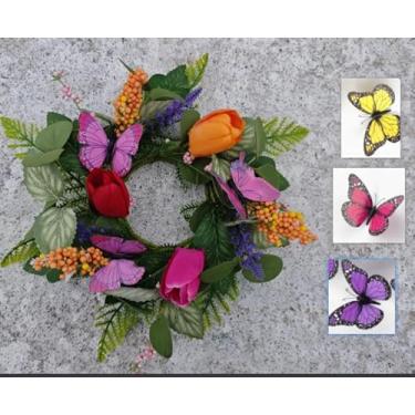 Imagem de 6 mini guirlandas de armário de cozinha primavera verão pequena borboleta tulipa lavanda eucalipto para porta da frente com fita baga primavera floral flores de seda grinalda para varanda, parede