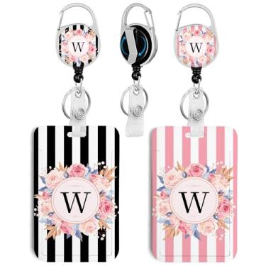 Imagem de Pacote com 2 porta-crachás de identificação com letra A-Z com molinete retrátil para crachá resistente, chaveiro, suporte de identificação para escola, enfermeira, escritório, listra preta e rosa W