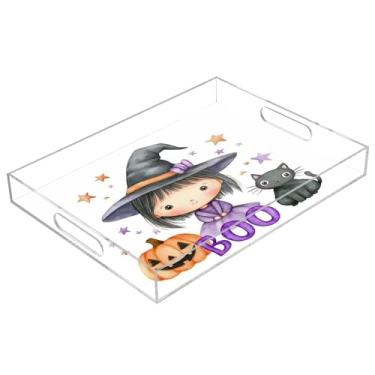 Imagem de xigua Bandeja de servir de acrílico fantasma de Halloween com alças à prova de derramamento, bandejas decorativas de festa de Halloween, bandeja organizadora de bancada para banheiro, cozinha, 30,5 x