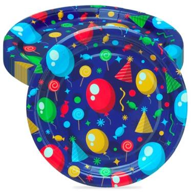 Imagem de wonmon 40 peças de pratos de papel de feliz aniversário, pratos redondos descartáveis de 17 cm, pratos de balão coloridos para sobremesa, bolo, prato de papel para crianças, festa de aniversário