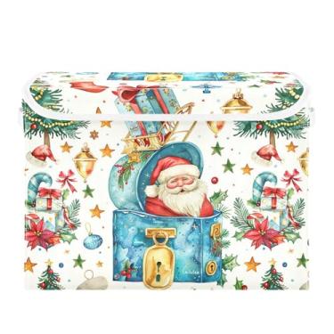 Imagem de SEHANY Linda caixa de armazenamento de Papai Noel de Natal com tampas e alças, organizador de cestas de armazenamento de tecido dobrável, caixas de armazenamento de cubos grandes para roupas, cobertor
